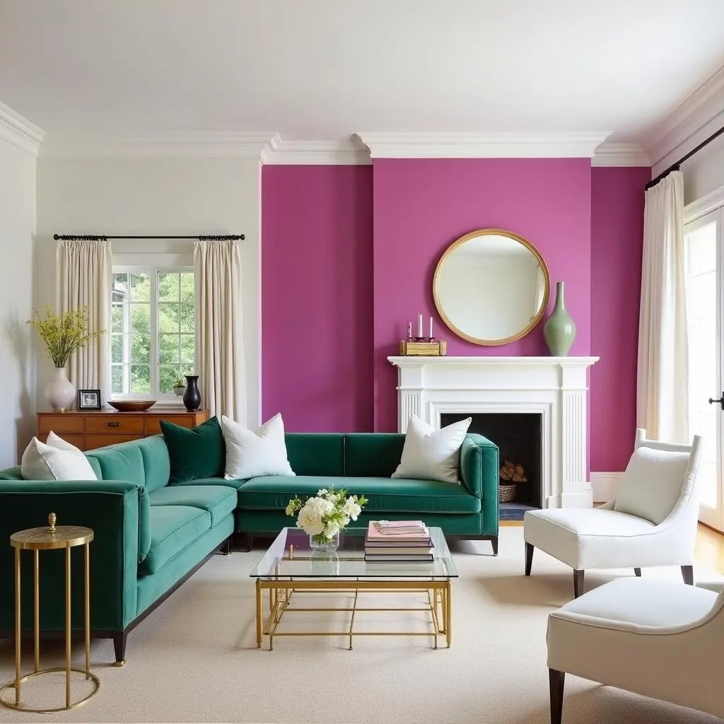 Modern living room with fuchsia accent wall and emerald green sofa