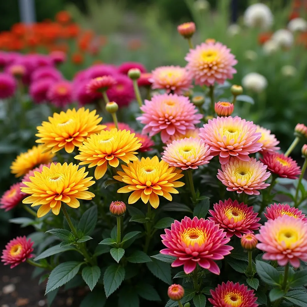 A garden beautifully landscaped with various chrysanthemums.