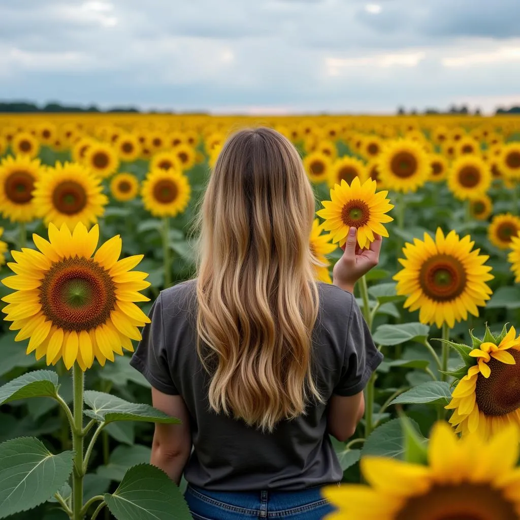 A gardener choosing from different sunflower varieties