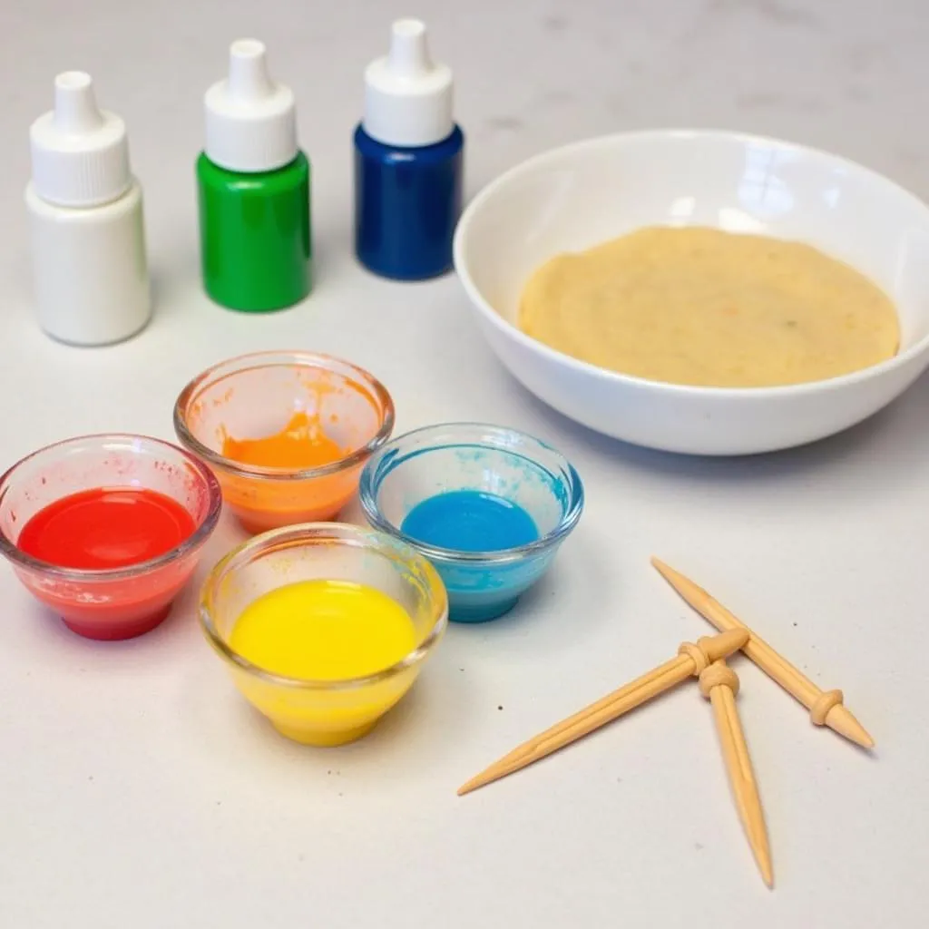 Gel food coloring and toothpicks for coloring cookie dough