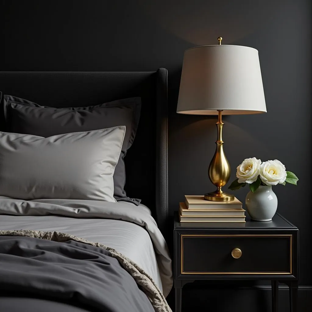 Gold Accents in a Dark Grey Bedroom