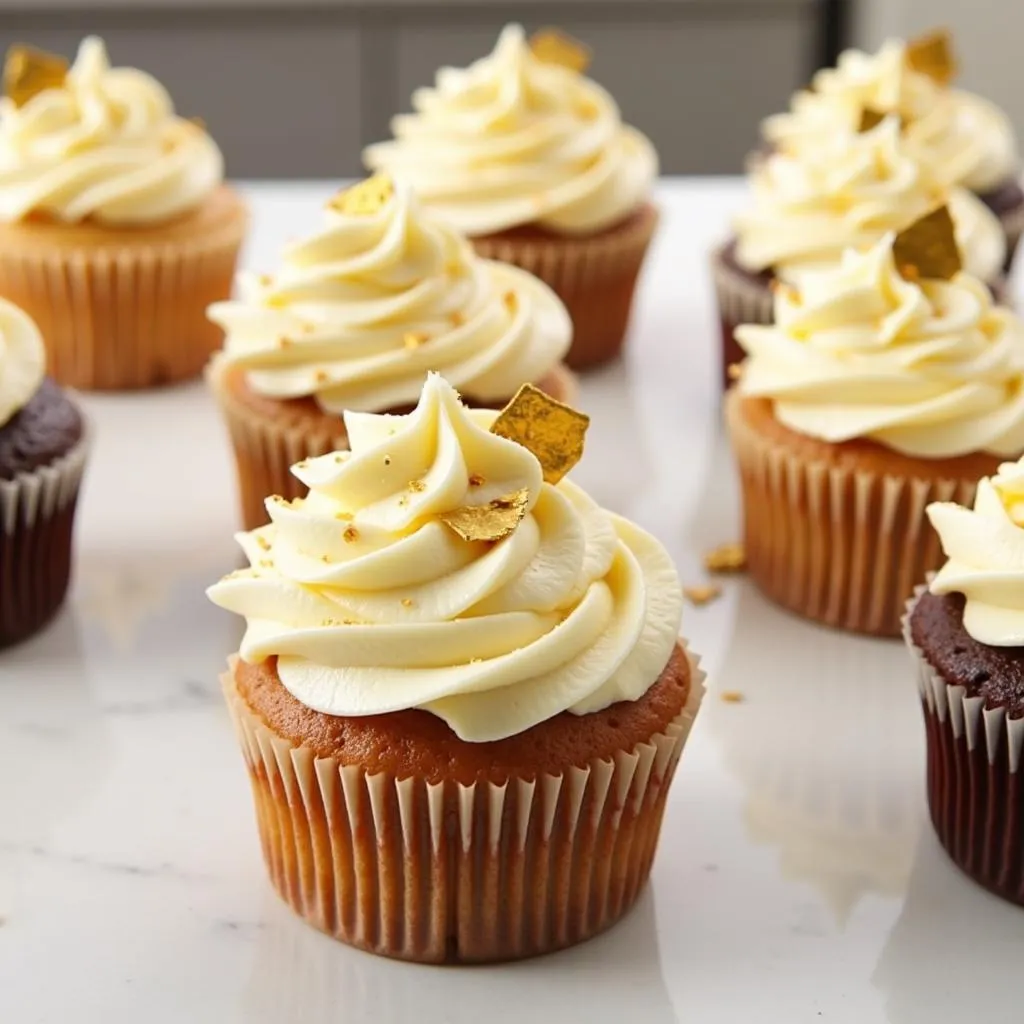 Gold buttercream cupcakes decorated with edible gold leaf