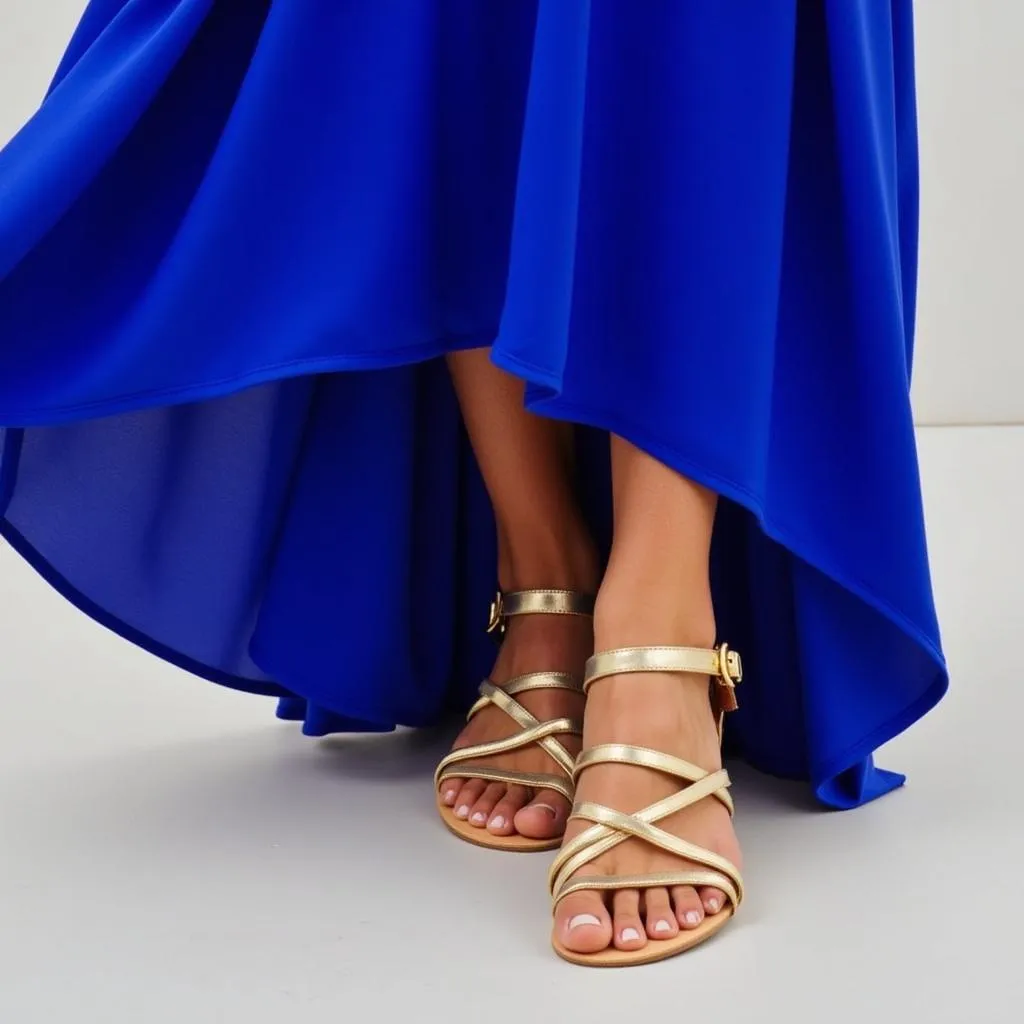 Gold sandals and a royal blue dress