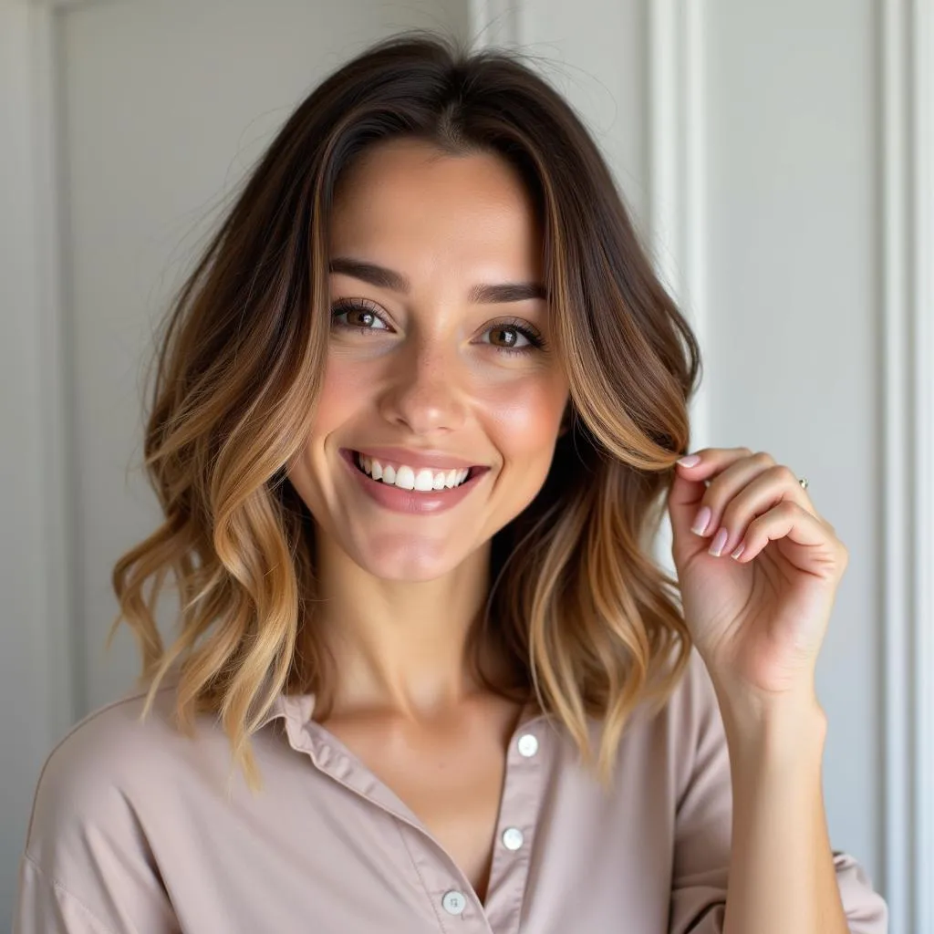 Woman smiling while touching her hair showcasing gradual hair growth