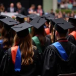 Students wearing graduation cords at a ceremony