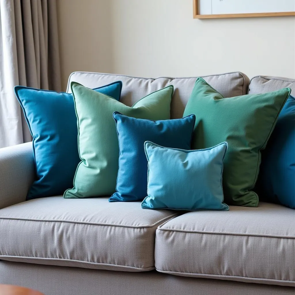 Gray couch styled with blue and green throw pillows