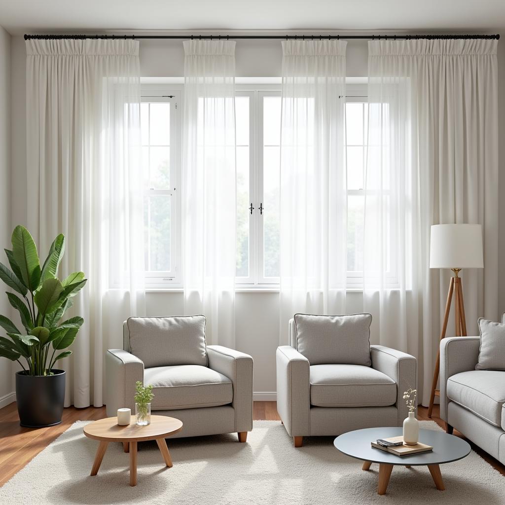 Living room with gray furniture and white curtains