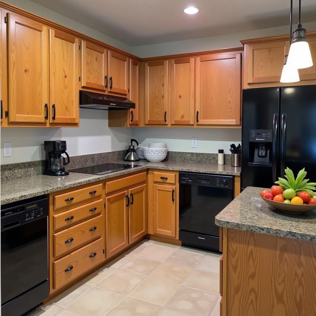 Gray granite countertops with oak cabinets and black appliances