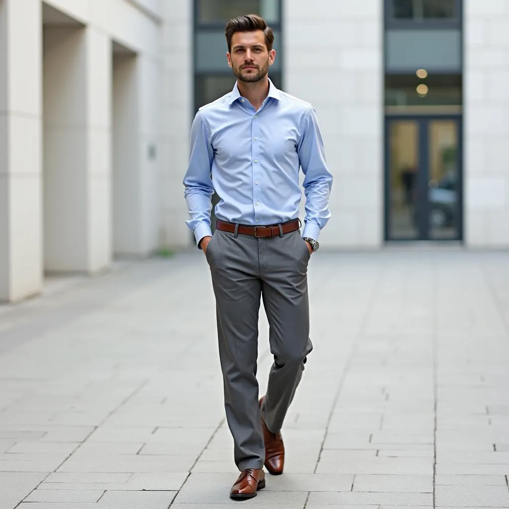 Man in Gray Pants and a Blue Shirt