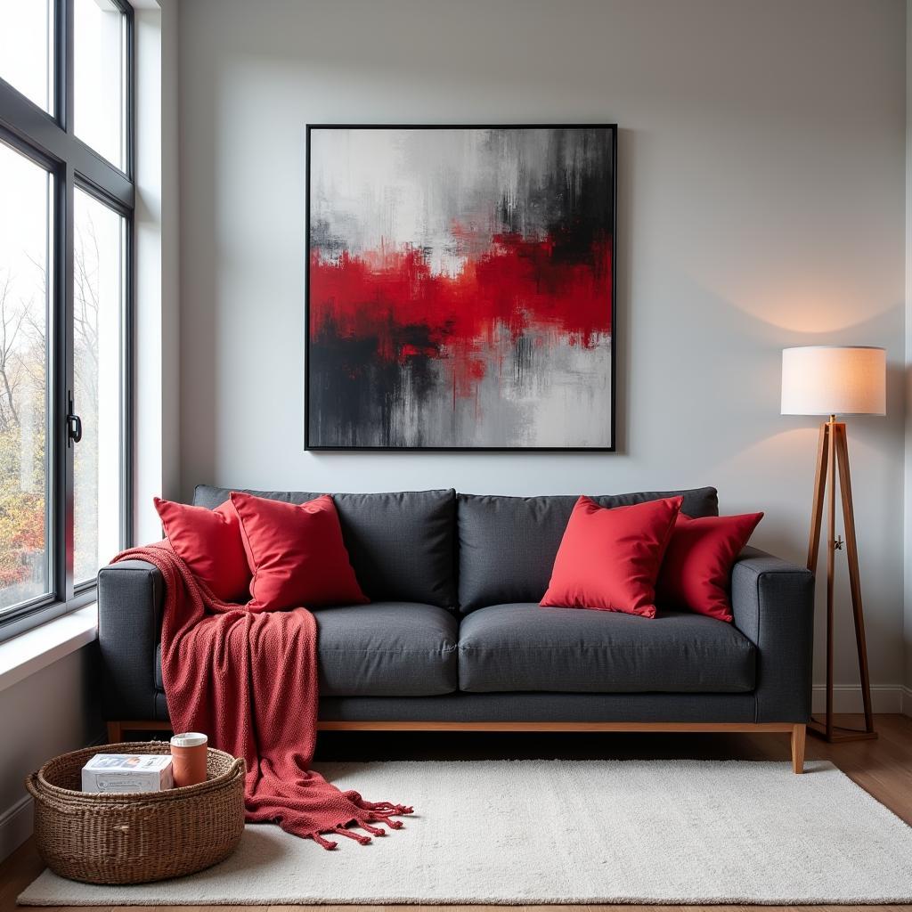 Modern Living Room with Gray Walls and Red Accents