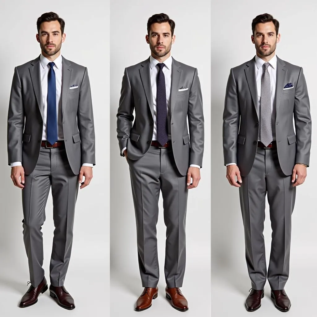 A gray suit paired with different accessories like ties, pocket squares, and shoes.