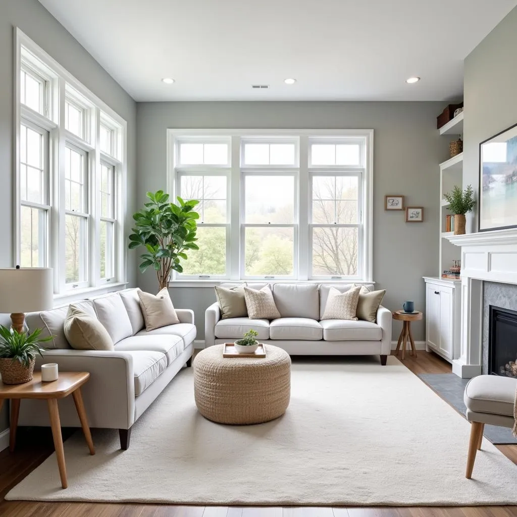 Living room with gray walls and white trim