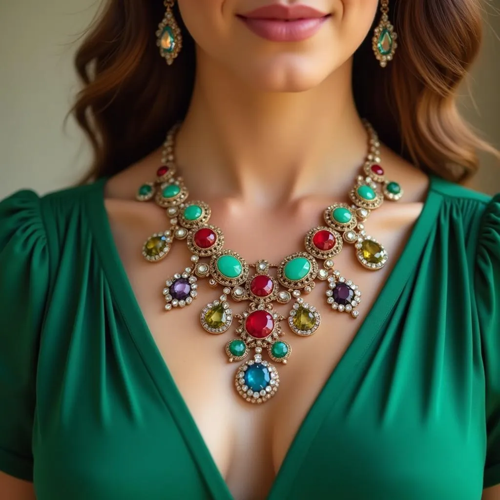 Green Dress with Gemstone Jewelry