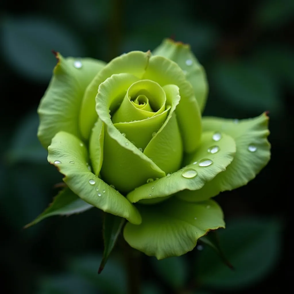 Green Rose with Dew Drops