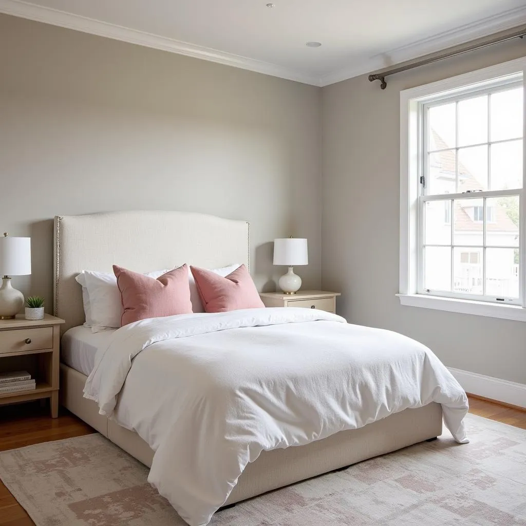 Serene Bedroom with Greige Walls and Blush Pink Accents