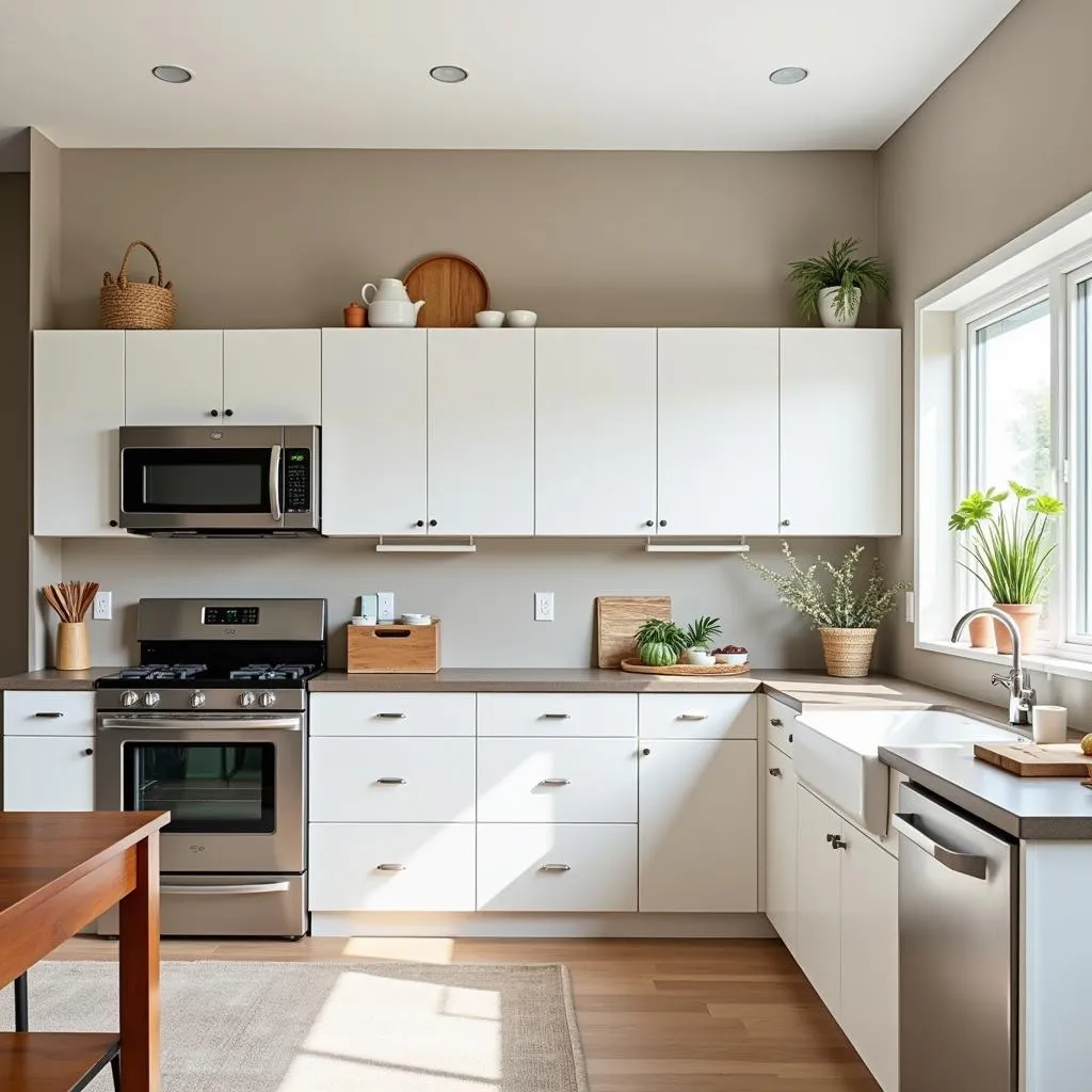 Modern Kitchen with Greige Walls and White Cabinets