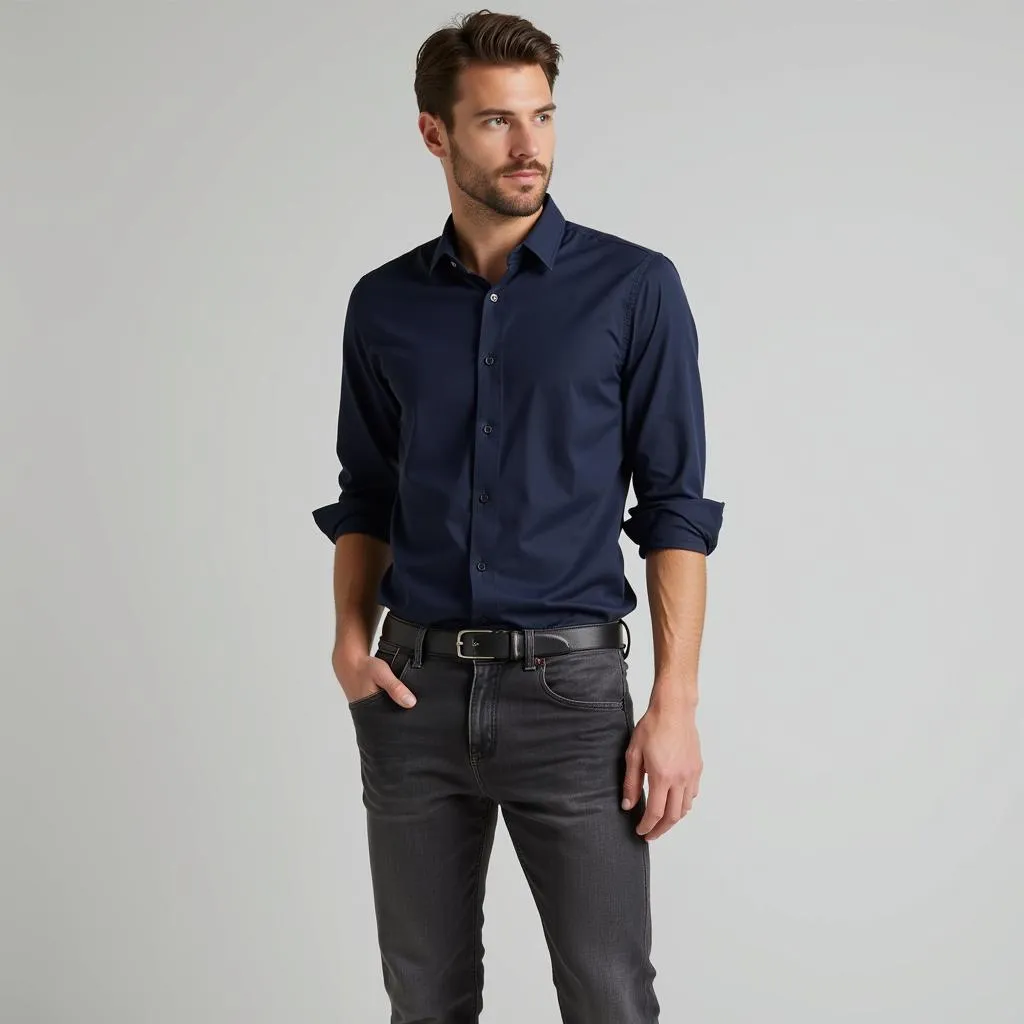 Man in Grey Jeans and Navy Blue Shirt