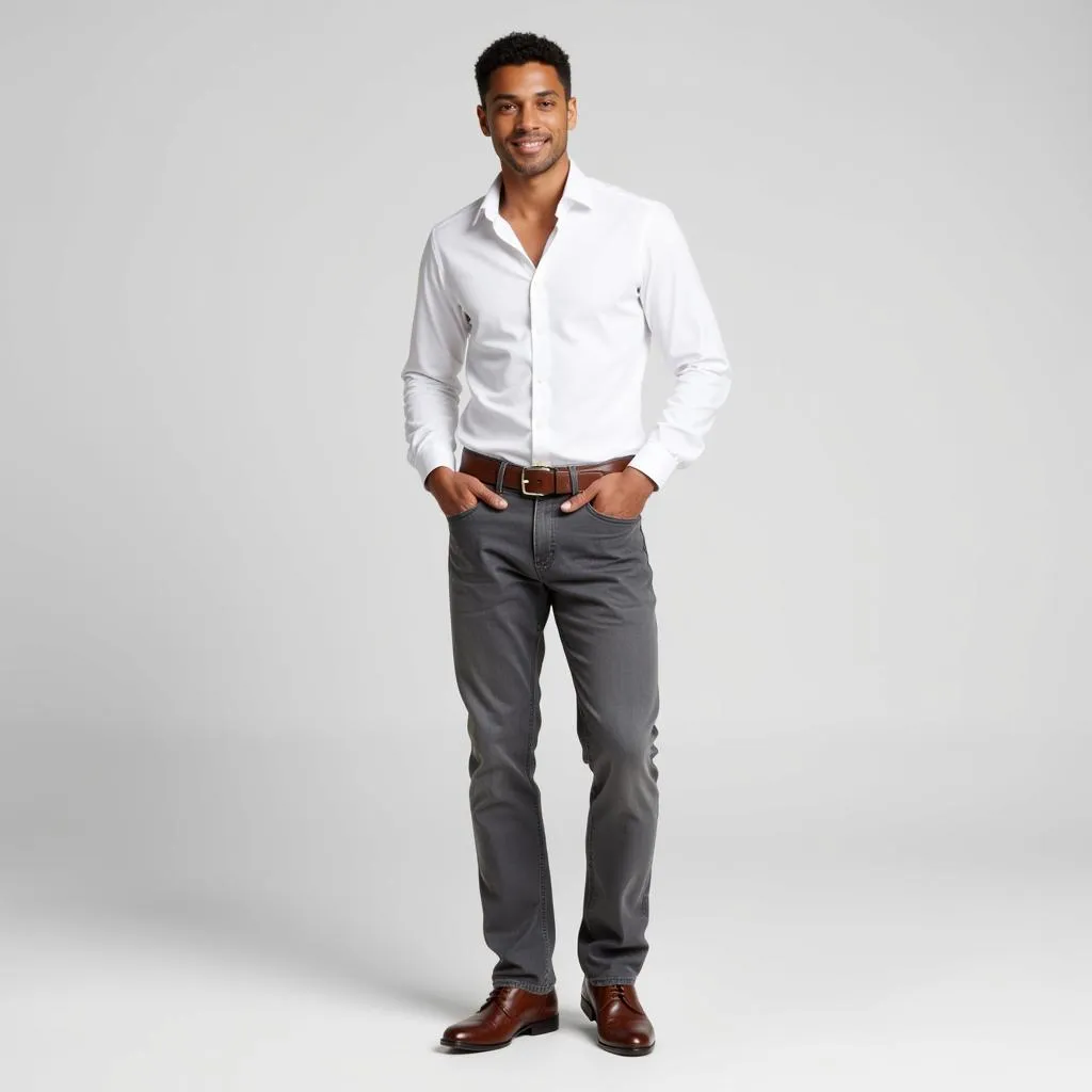 Man in Grey Jeans and White Shirt