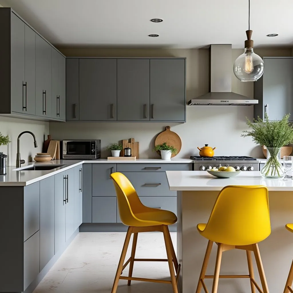 Modern Kitchen with Grey Cabinets and Yellow Accents