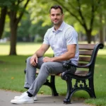 Man in grey pants and a striped polo shirt