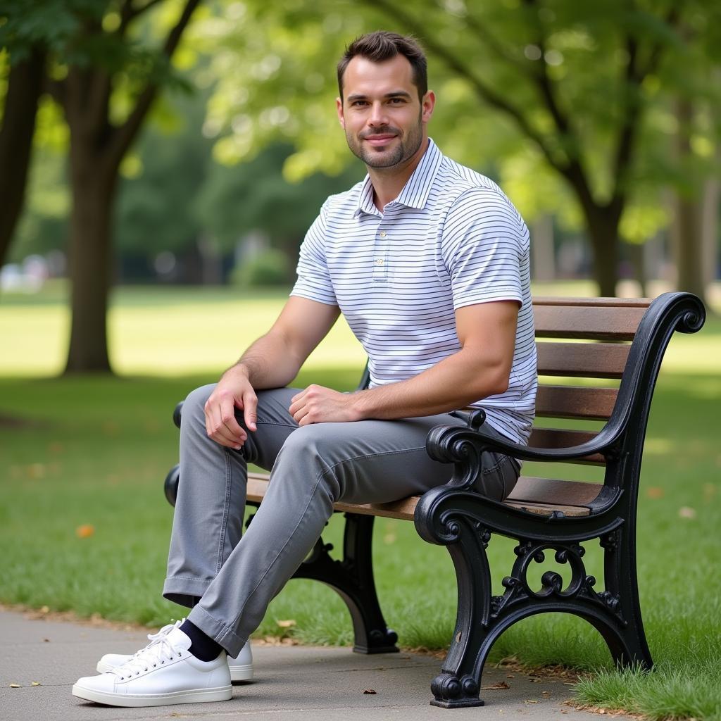 Man in grey pants and a striped polo shirt