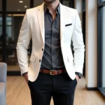 Grey shirt, black trousers and white blazer combination