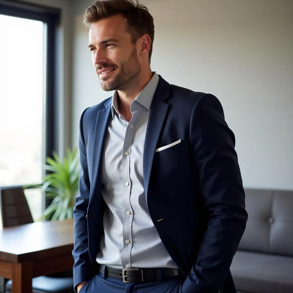 Man wearing a light grey shirt with navy chinos and blue blazer