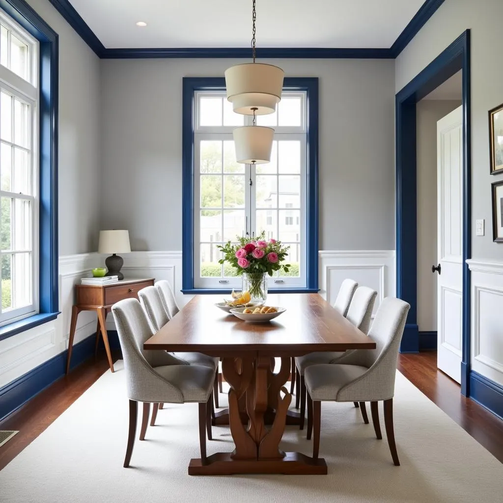 Dining room with grey walls and navy blue trim