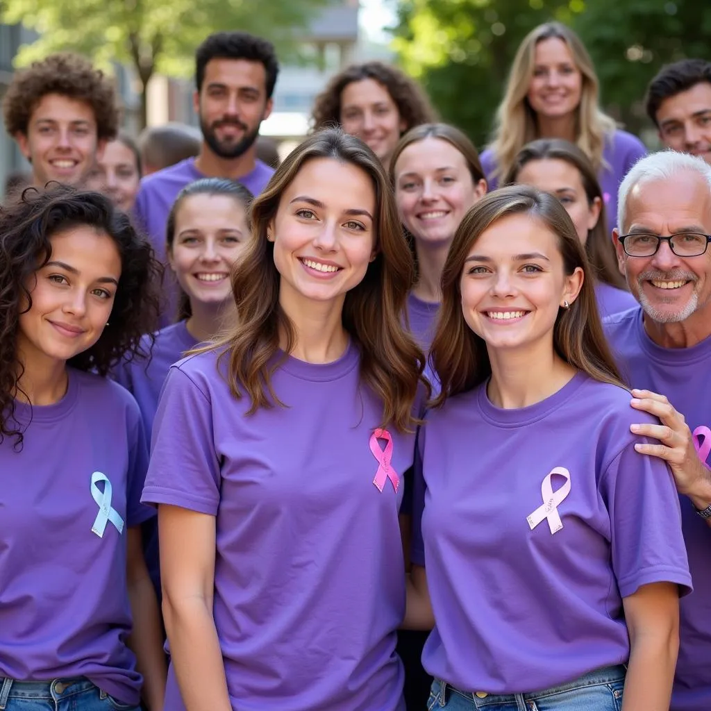 People wearing violet ribbons at an awareness event