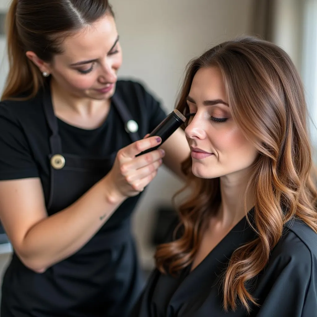 Hair stylist applying color correction treatment