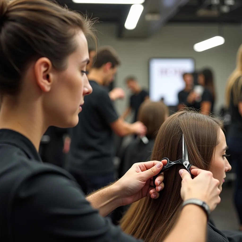 Hair stylist trimming client's hair