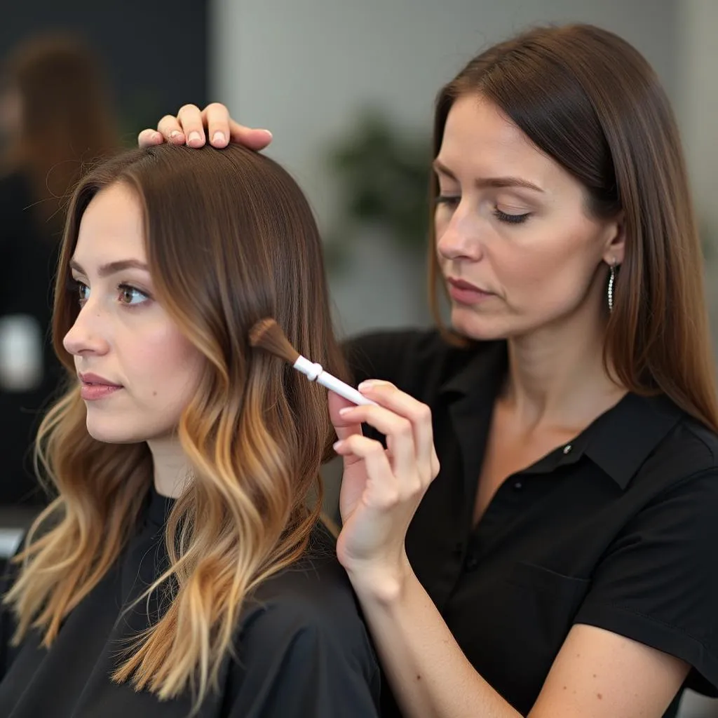 Hairdresser applying color corrector