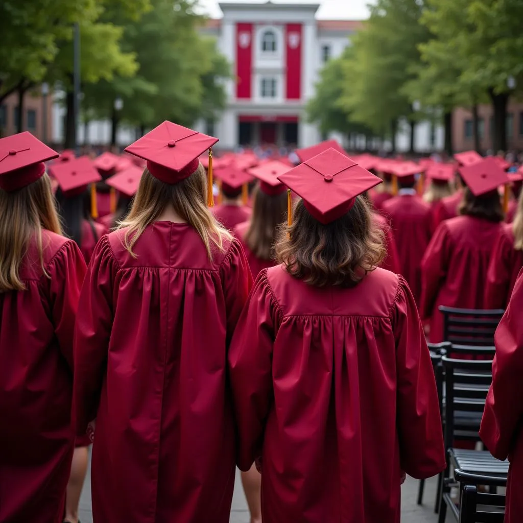 Harvard graduation ceremony with students in crimson gowns