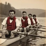 Harvard rowing team sporting crimson scarves