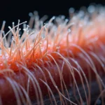 Close-up image of hair cuticle with raised edges, illustrating high porosity