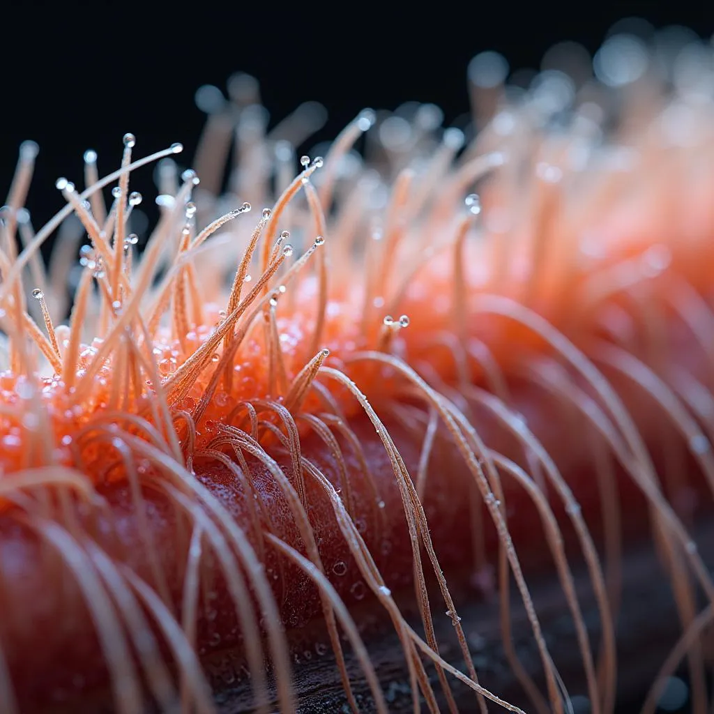 Close-up image of hair cuticle with raised edges, illustrating high porosity