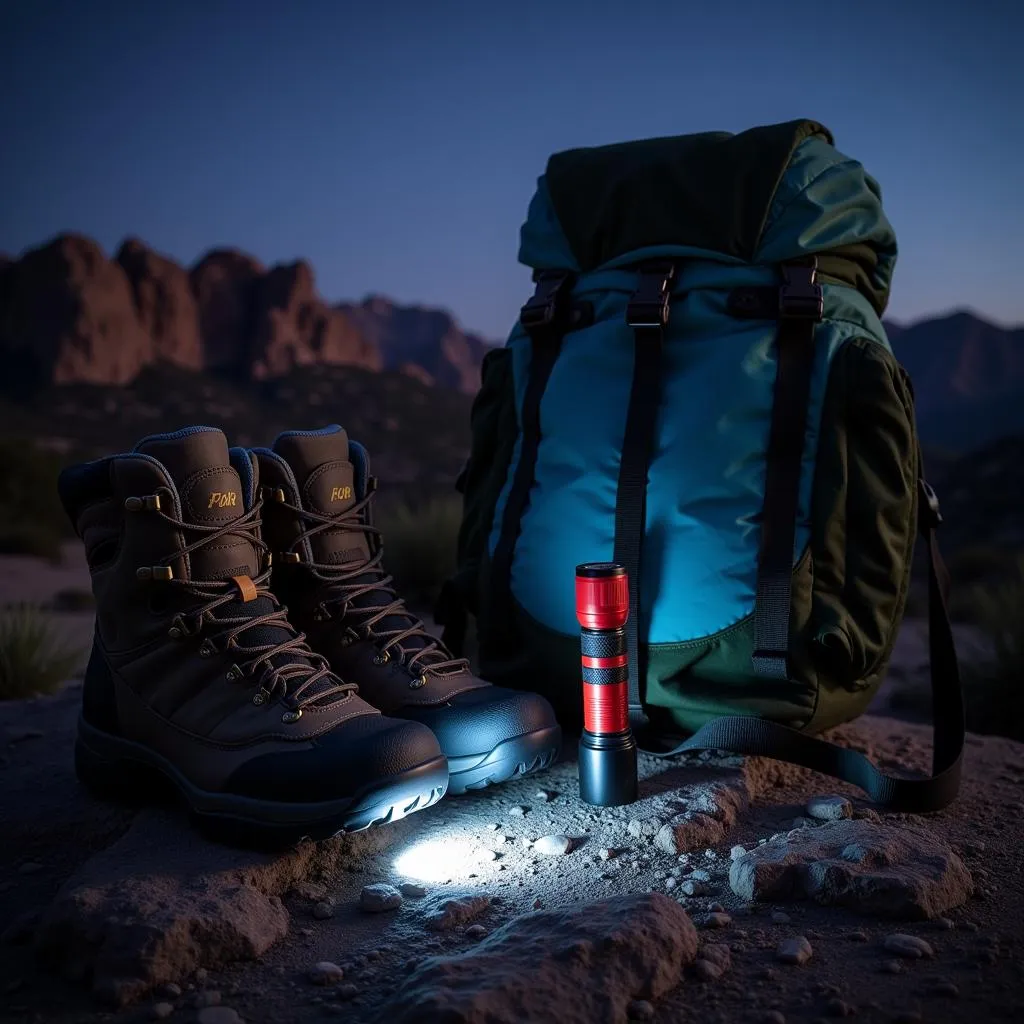 Hiking Boots and Flashlight