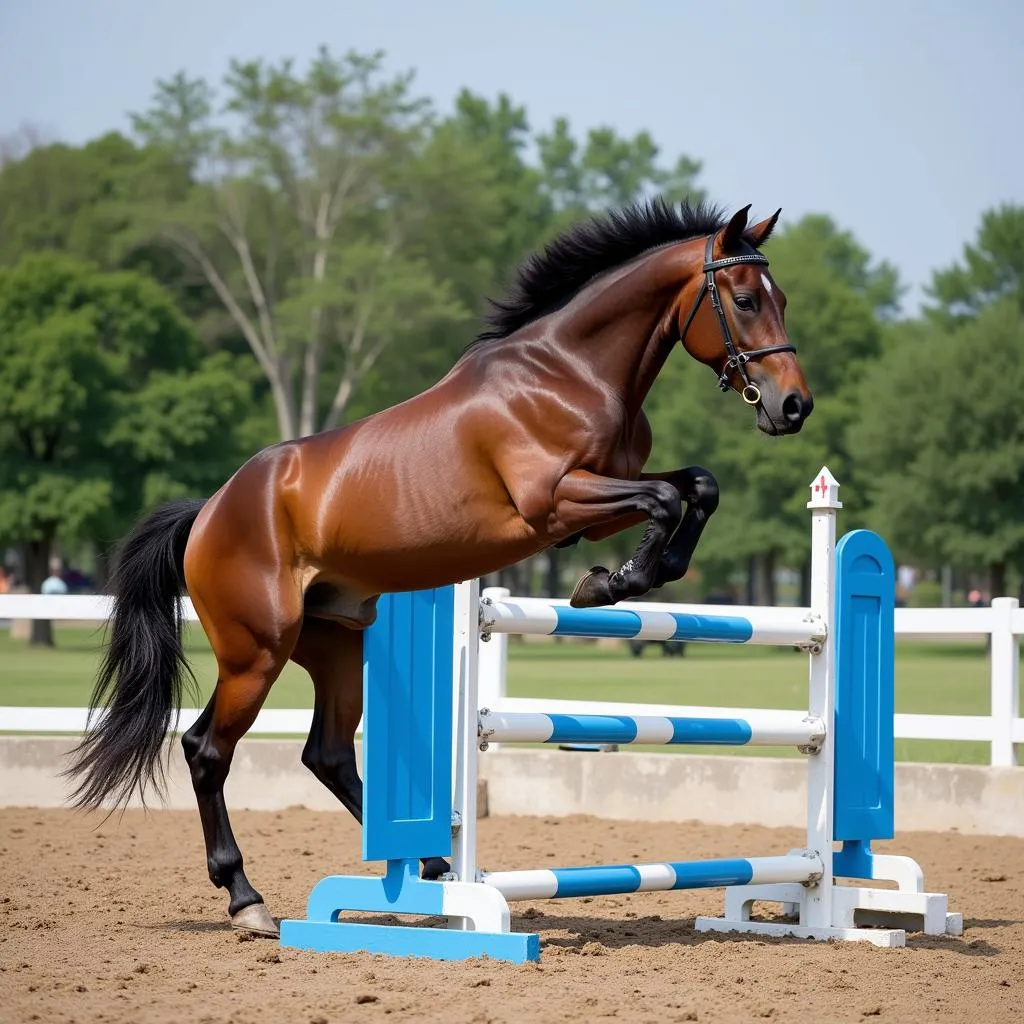 Horse Jumping over Blue and White Obstacle