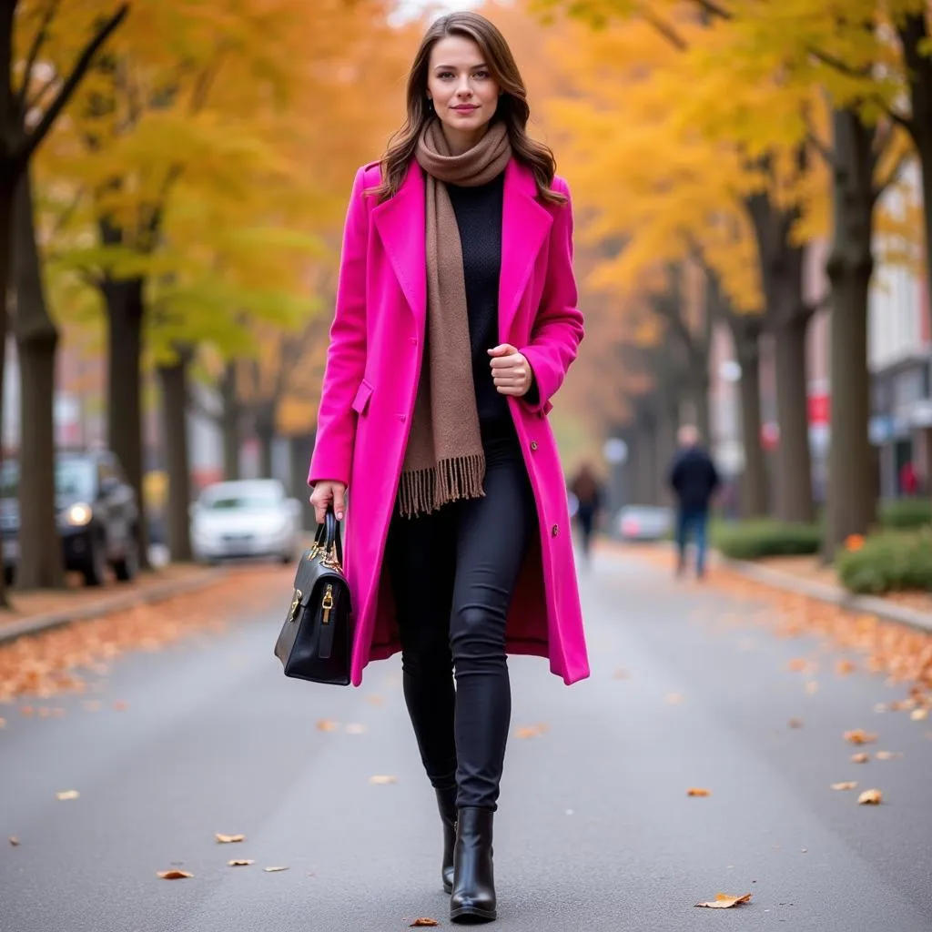 Woman wearing a hot pink coat in autumn