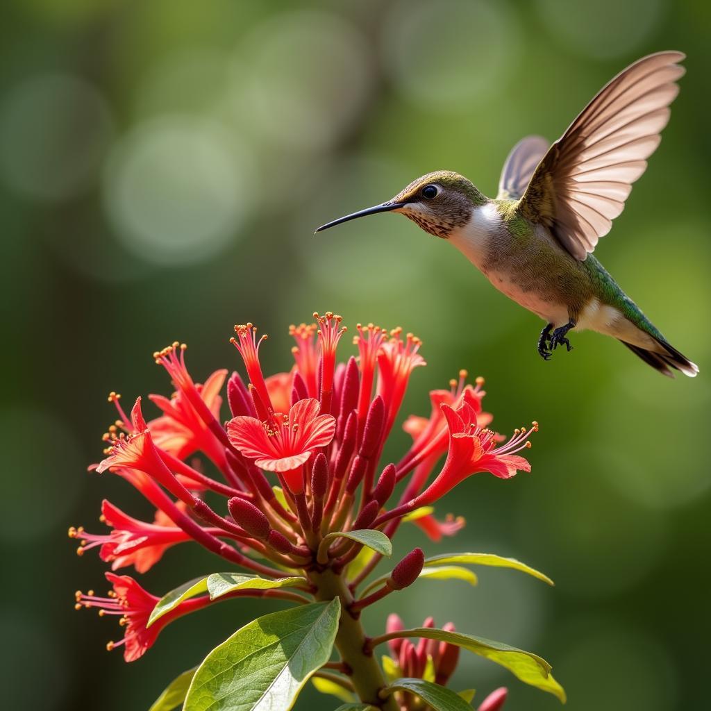 Hummingbird near red flowers in a garden