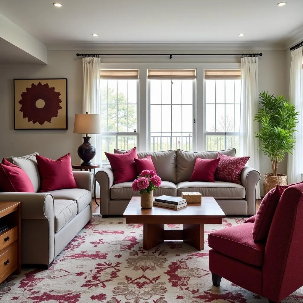 Living room with burgundy accents in pillows and throw blankets