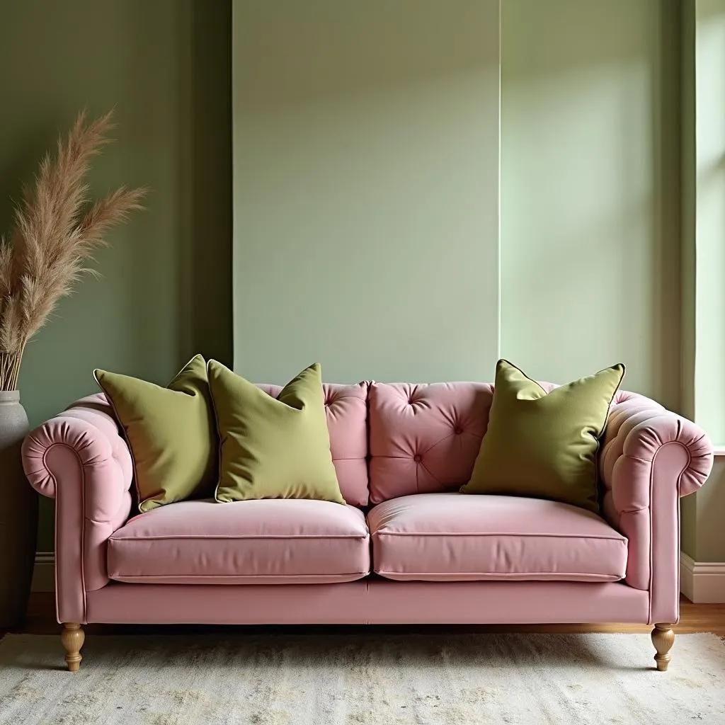 Living Room with Pink and Green Decor