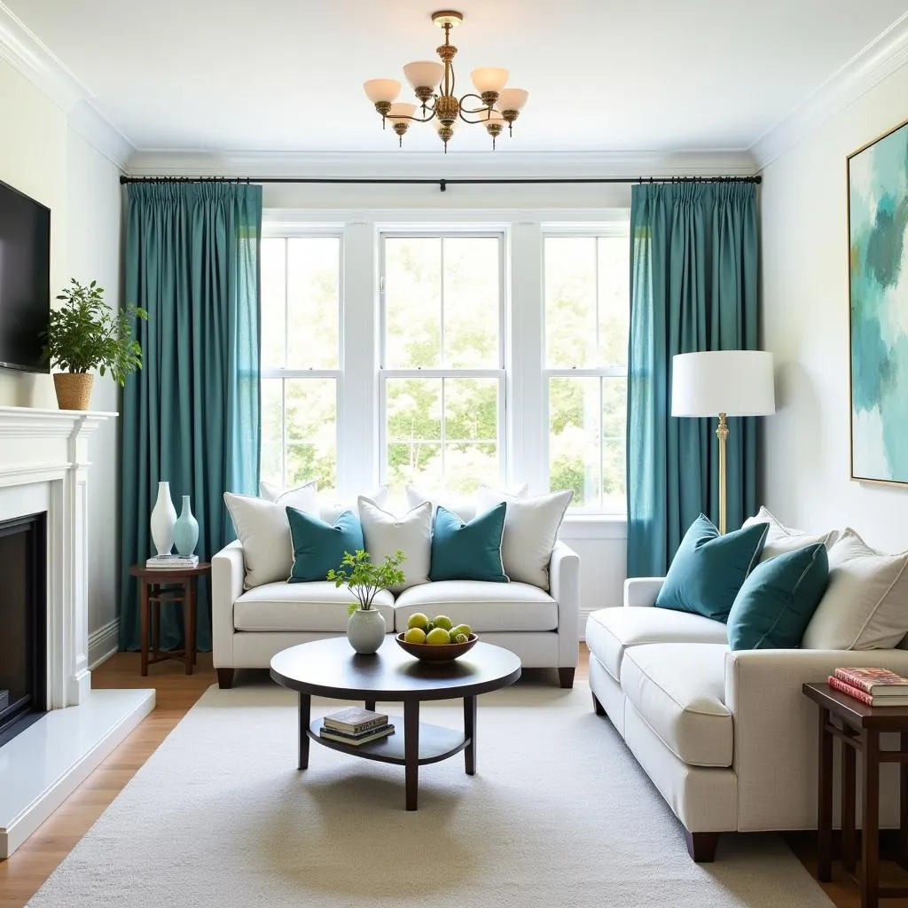 A living room with teal accents, highlighting the calming and sophisticated ambiance it creates.