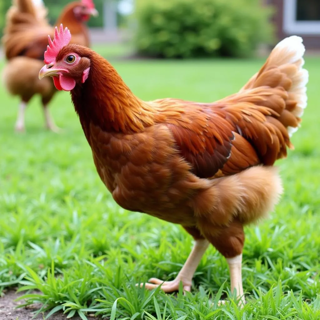 Isa Brown chicken foraging in green grass