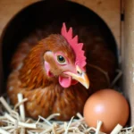 Isa Brown chicken laying brown eggs in a nesting box