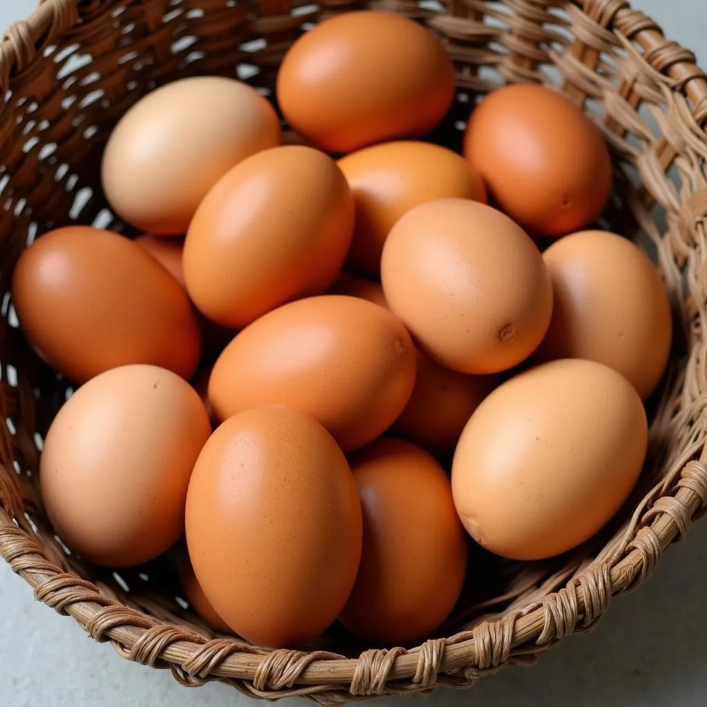 Basket of fresh brown eggs laid by Isa Brown chickens