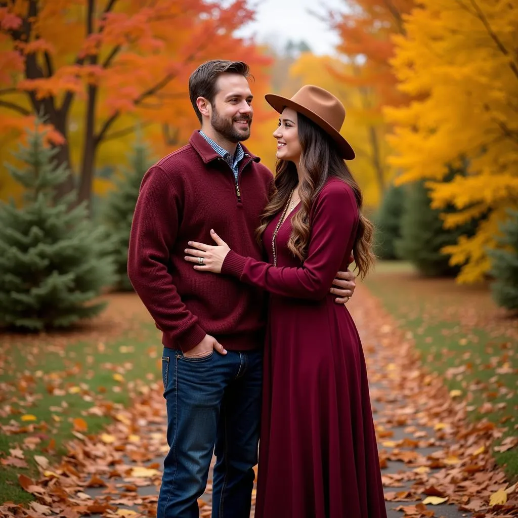 A couple dressed in emerald green and sapphire blue posing in a forest