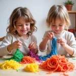 Kids Playing with Dyed Noodles Sensory Activity