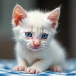 A close-up of a kitten with bright blue eyes, gazing curiously at the camera. The image showcases the characteristic blue eye color of newborn kittens.