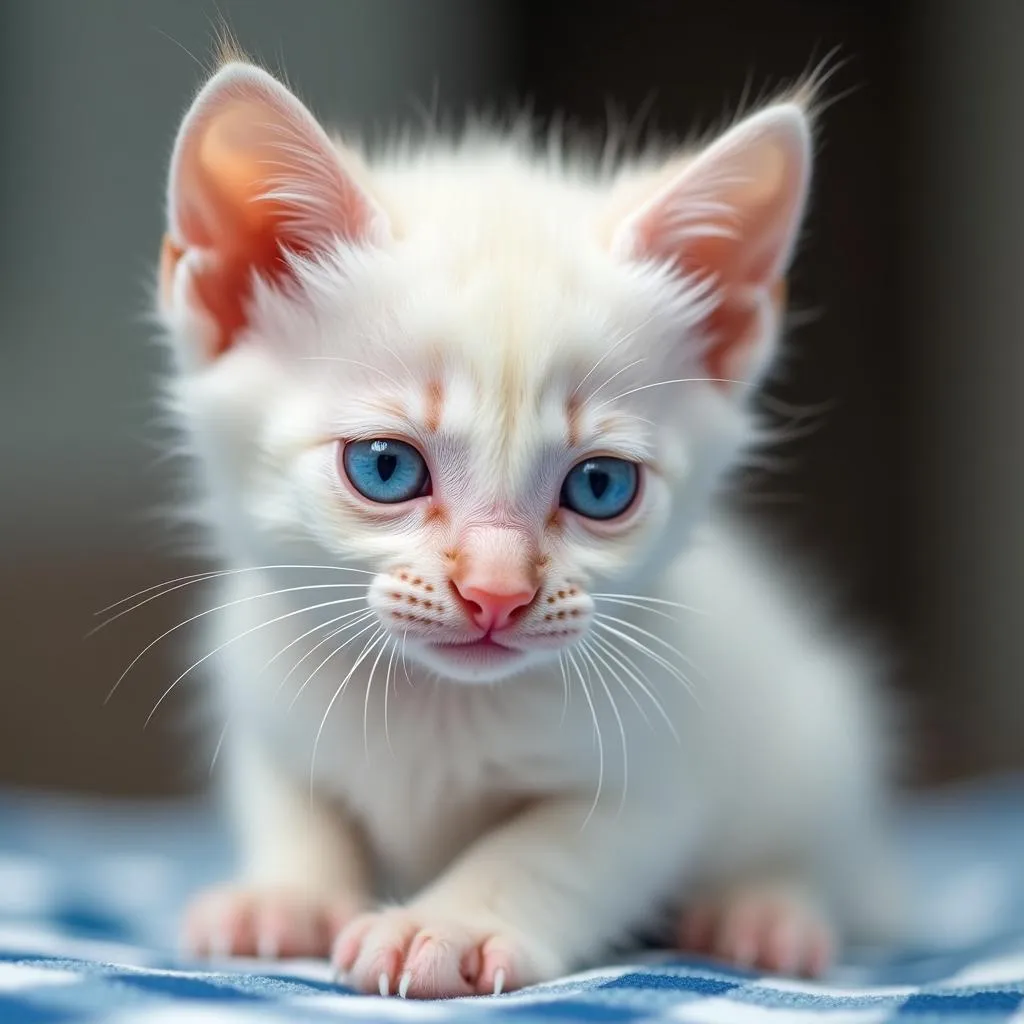 A close-up of a kitten with bright blue eyes, gazing curiously at the camera. The image showcases the characteristic blue eye color of newborn kittens.